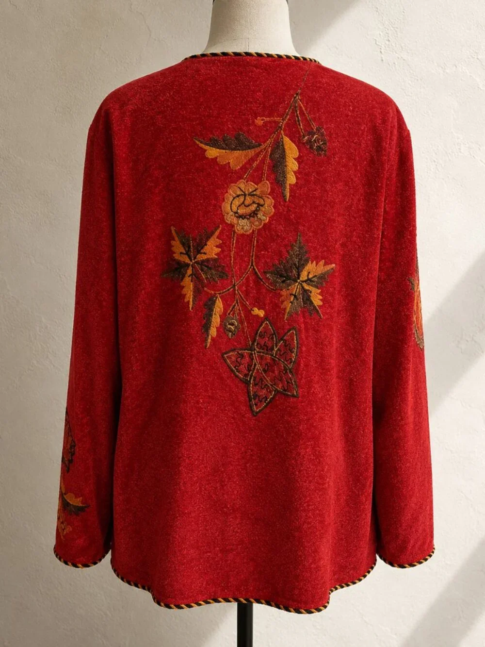 Vintage Maggie Barnes Red Embroidered Jacket 1X Art To Wear Gold Trim Holiday